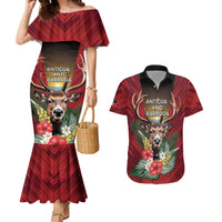 Personalized Antigua and Barbuda Couples Matching Mermaid Dress and Hawaiian Shirt Tropical Flowers Stag Deer - Wonder Print Shop
