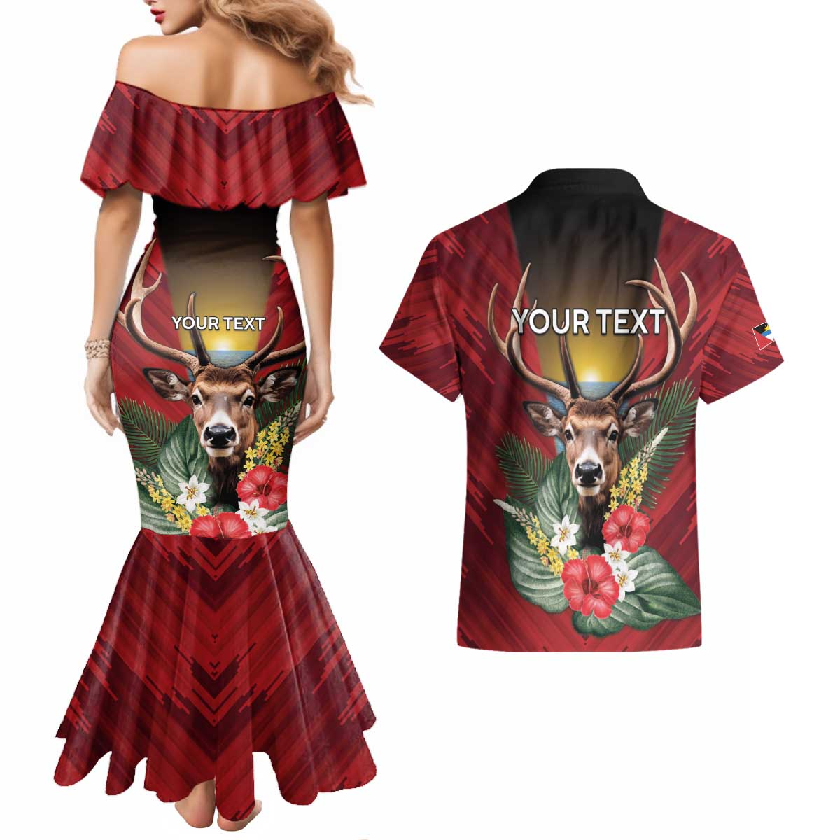 Personalized Antigua and Barbuda Couples Matching Mermaid Dress and Hawaiian Shirt Tropical Flowers Stag Deer - Wonder Print Shop