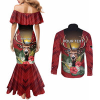 Personalized Antigua and Barbuda Couples Matching Mermaid Dress and Long Sleeve Button Shirt Tropical Flowers Stag Deer - Wonder Print Shop