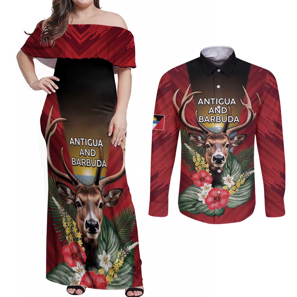 Personalized Antigua and Barbuda Couples Matching Off Shoulder Maxi Dress and Long Sleeve Button Shirt Tropical Flowers Stag Deer - Wonder Print Shop
