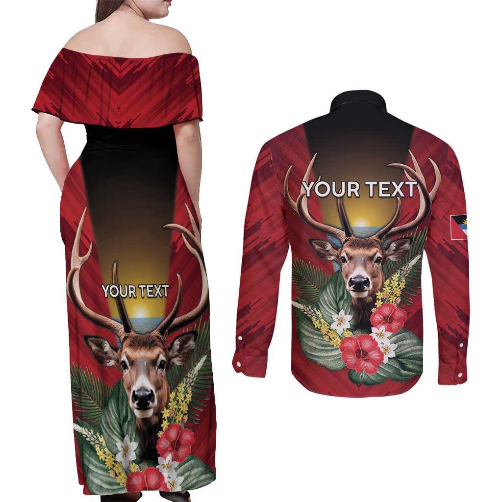 Personalized Antigua and Barbuda Couples Matching Off Shoulder Maxi Dress and Long Sleeve Button Shirt Tropical Flowers Stag Deer - Wonder Print Shop