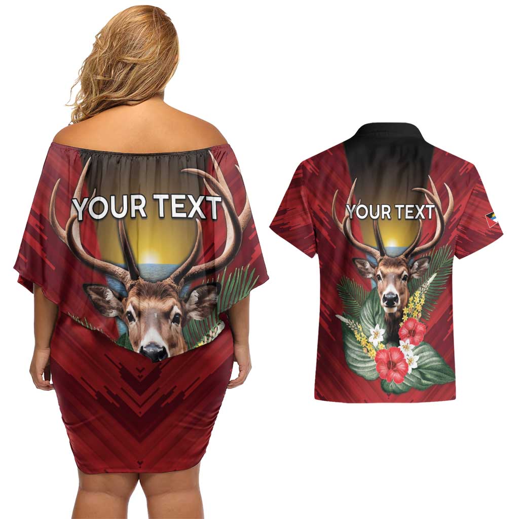Personalized Antigua and Barbuda Couples Matching Off Shoulder Short Dress and Hawaiian Shirt Tropical Flowers Stag Deer - Wonder Print Shop