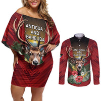 Personalized Antigua and Barbuda Couples Matching Off Shoulder Short Dress and Long Sleeve Button Shirt Tropical Flowers Stag Deer - Wonder Print Shop