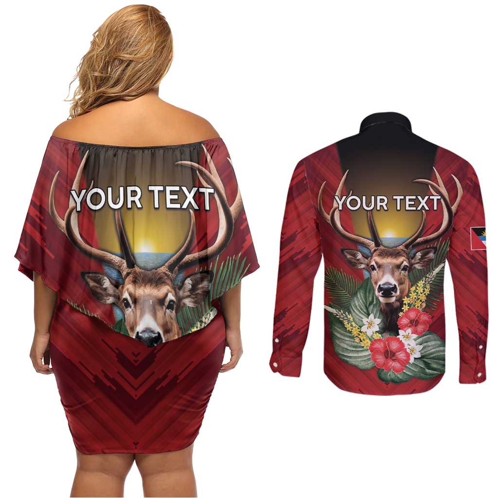 Personalized Antigua and Barbuda Couples Matching Off Shoulder Short Dress and Long Sleeve Button Shirt Tropical Flowers Stag Deer - Wonder Print Shop