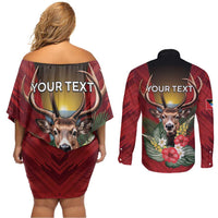 Personalized Antigua and Barbuda Couples Matching Off Shoulder Short Dress and Long Sleeve Button Shirt Tropical Flowers Stag Deer - Wonder Print Shop
