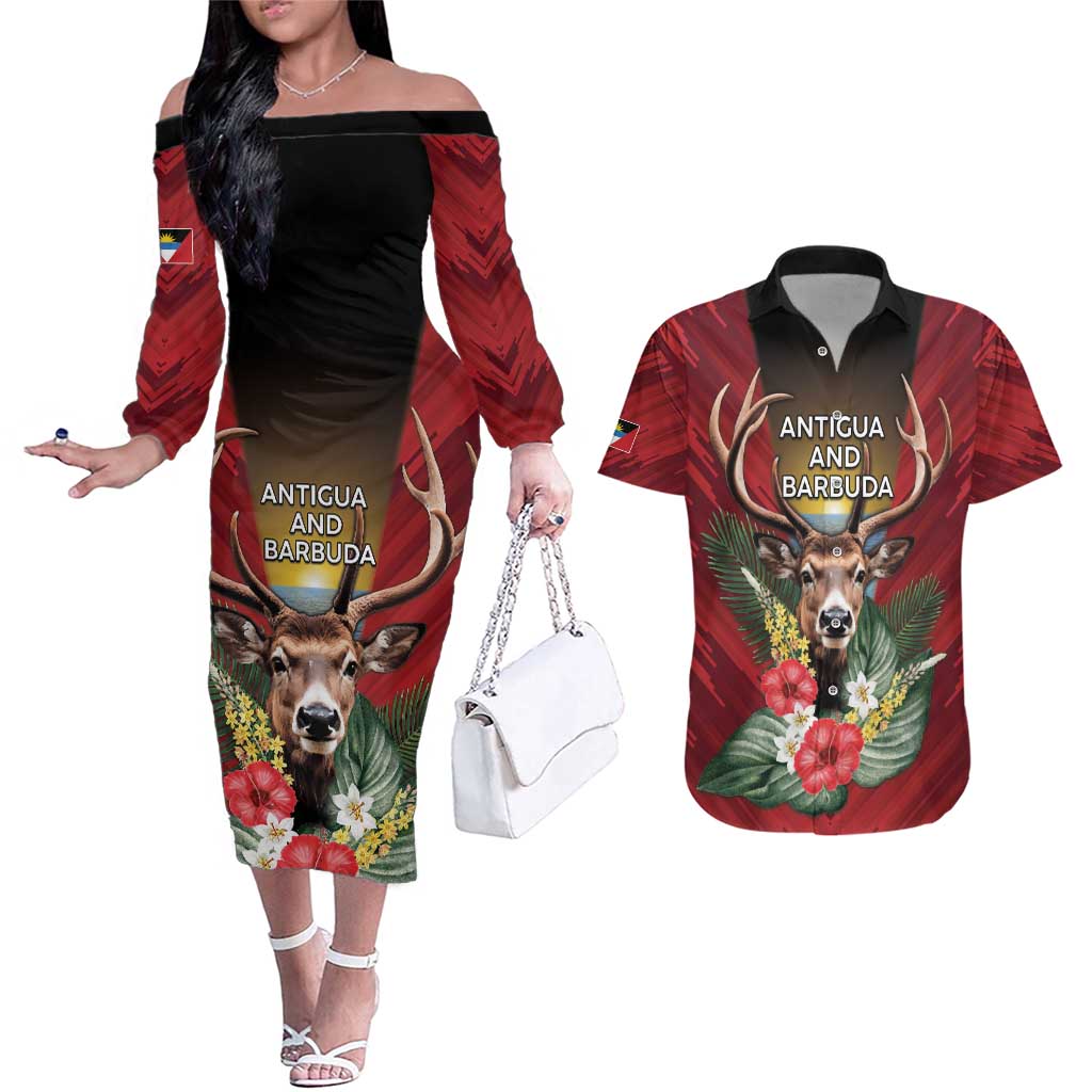 Personalized Antigua and Barbuda Couples Matching Off The Shoulder Long Sleeve Dress and Hawaiian Shirt Tropical Flowers Stag Deer - Wonder Print Shop