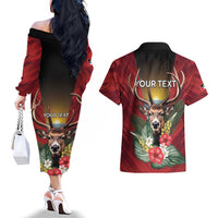 Personalized Antigua and Barbuda Couples Matching Off The Shoulder Long Sleeve Dress and Hawaiian Shirt Tropical Flowers Stag Deer - Wonder Print Shop