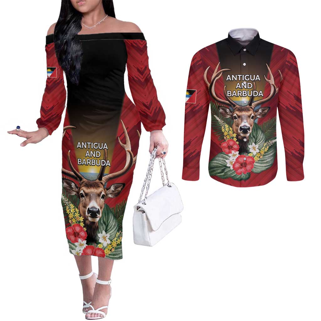 Personalized Antigua and Barbuda Couples Matching Off The Shoulder Long Sleeve Dress and Long Sleeve Button Shirt Tropical Flowers Stag Deer - Wonder Print Shop