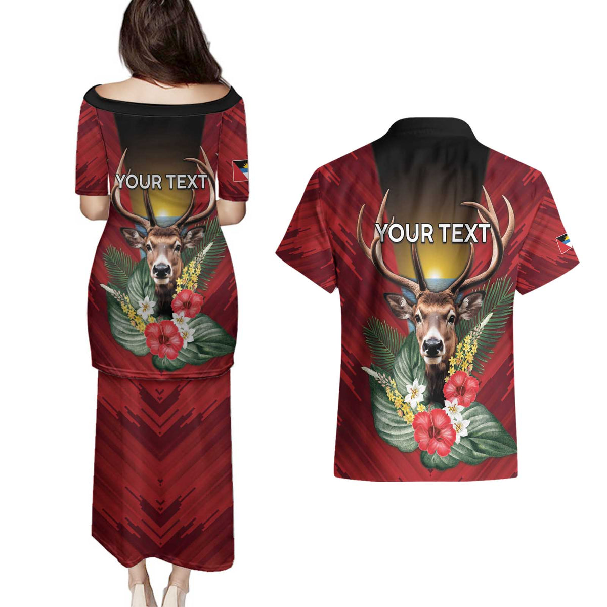 Personalized Antigua and Barbuda Couples Matching Puletasi and Hawaiian Shirt Tropical Flowers Stag Deer - Wonder Print Shop