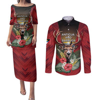 Personalized Antigua and Barbuda Couples Matching Puletasi and Long Sleeve Button Shirt Tropical Flowers Stag Deer - Wonder Print Shop