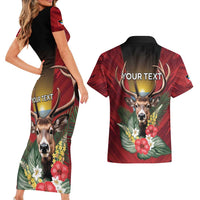 Personalized Antigua and Barbuda Couples Matching Short Sleeve Bodycon Dress and Hawaiian Shirt Tropical Flowers Stag Deer - Wonder Print Shop