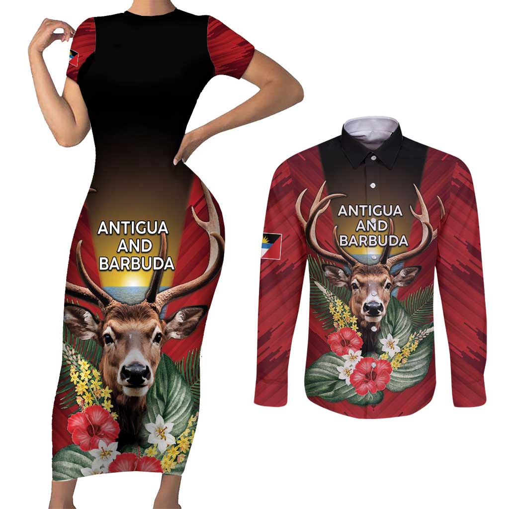 Personalized Antigua and Barbuda Couples Matching Short Sleeve Bodycon Dress and Long Sleeve Button Shirt Tropical Flowers Stag Deer - Wonder Print Shop