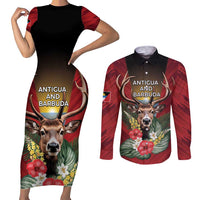Personalized Antigua and Barbuda Couples Matching Short Sleeve Bodycon Dress and Long Sleeve Button Shirt Tropical Flowers Stag Deer - Wonder Print Shop
