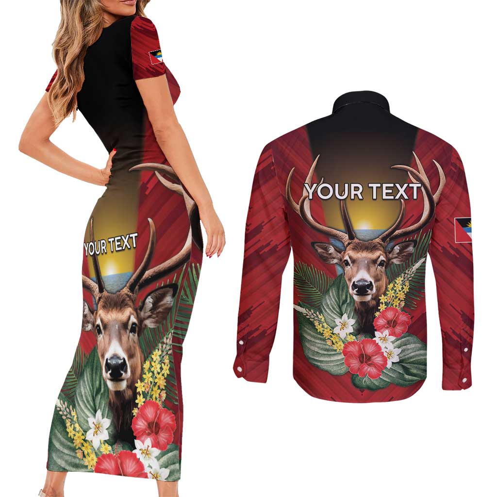 Personalized Antigua and Barbuda Couples Matching Short Sleeve Bodycon Dress and Long Sleeve Button Shirt Tropical Flowers Stag Deer - Wonder Print Shop