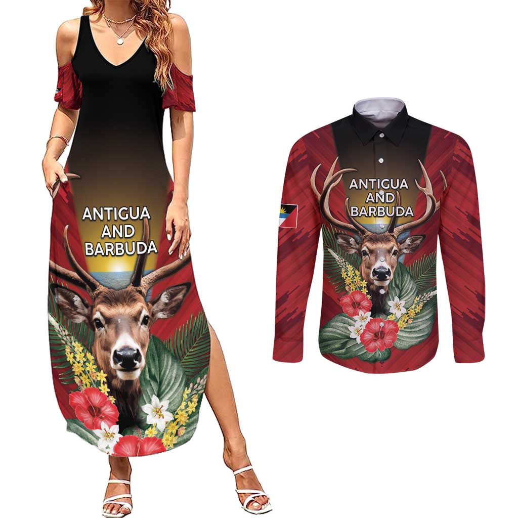 Personalized Antigua and Barbuda Couples Matching Summer Maxi Dress and Long Sleeve Button Shirt Tropical Flowers Stag Deer - Wonder Print Shop