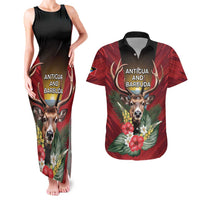 Personalized Antigua and Barbuda Couples Matching Tank Maxi Dress and Hawaiian Shirt Tropical Flowers Stag Deer - Wonder Print Shop