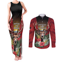 Personalized Antigua and Barbuda Couples Matching Tank Maxi Dress and Long Sleeve Button Shirt Tropical Flowers Stag Deer - Wonder Print Shop