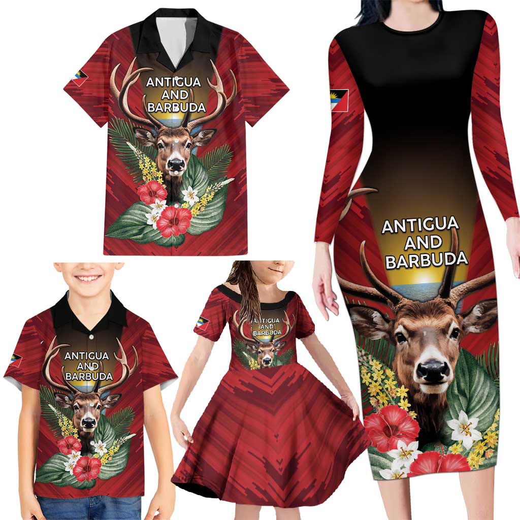 Personalized Antigua and Barbuda Family Matching Long Sleeve Bodycon Dress and Hawaiian Shirt Tropical Flowers Stag Deer - Wonder Print Shop