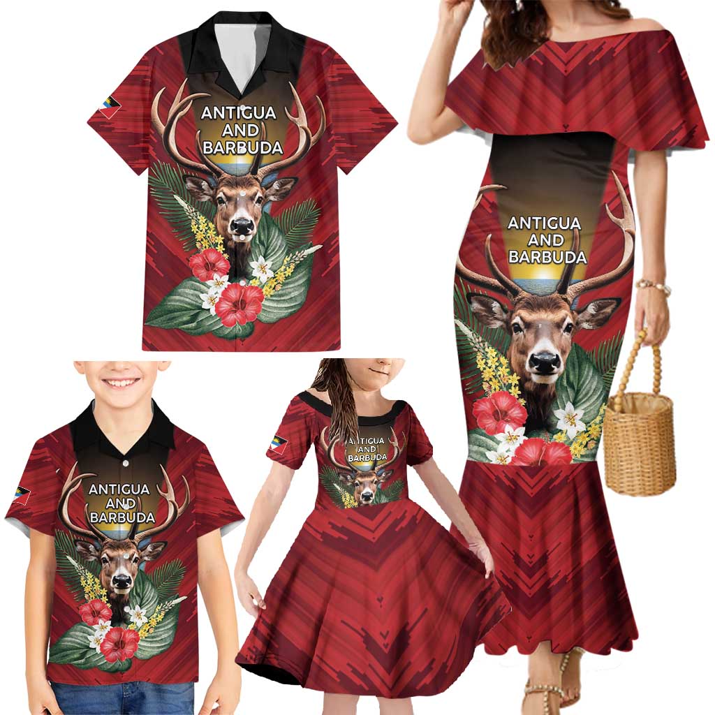 Personalized Antigua and Barbuda Family Matching Mermaid Dress and Hawaiian Shirt Tropical Flowers Stag Deer - Wonder Print Shop