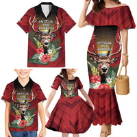 Personalized Antigua and Barbuda Family Matching Mermaid Dress and Hawaiian Shirt Tropical Flowers Stag Deer - Wonder Print Shop