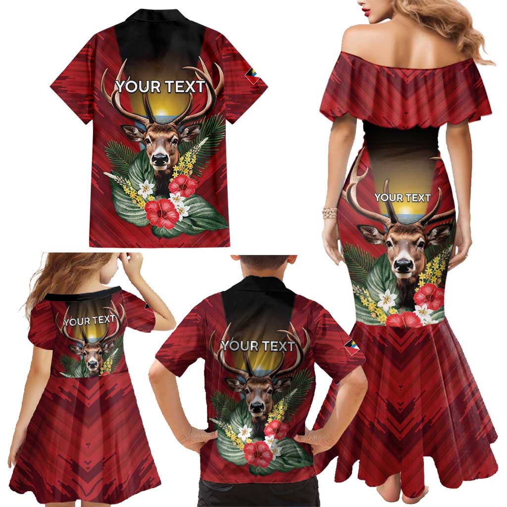 Personalized Antigua and Barbuda Family Matching Mermaid Dress and Hawaiian Shirt Tropical Flowers Stag Deer - Wonder Print Shop
