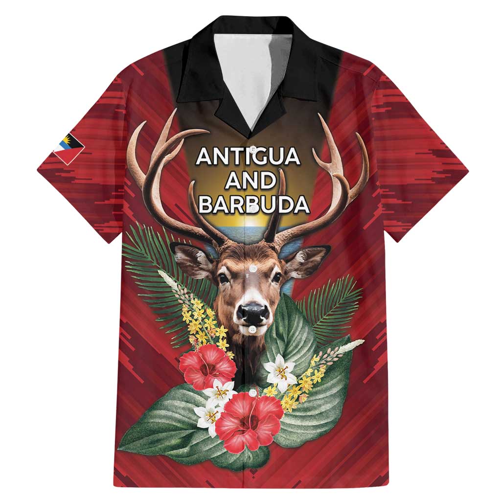 Personalized Antigua and Barbuda Family Matching Mermaid Dress and Hawaiian Shirt Tropical Flowers Stag Deer - Wonder Print Shop