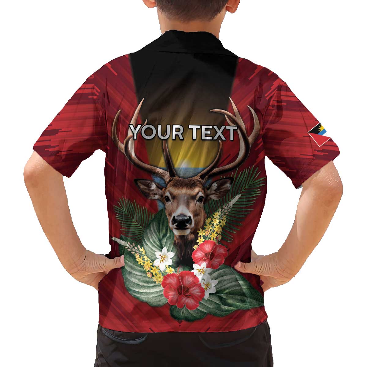 Personalized Antigua and Barbuda Family Matching Off The Shoulder Long Sleeve Dress and Hawaiian Shirt Tropical Flowers Stag Deer - Wonder Print Shop