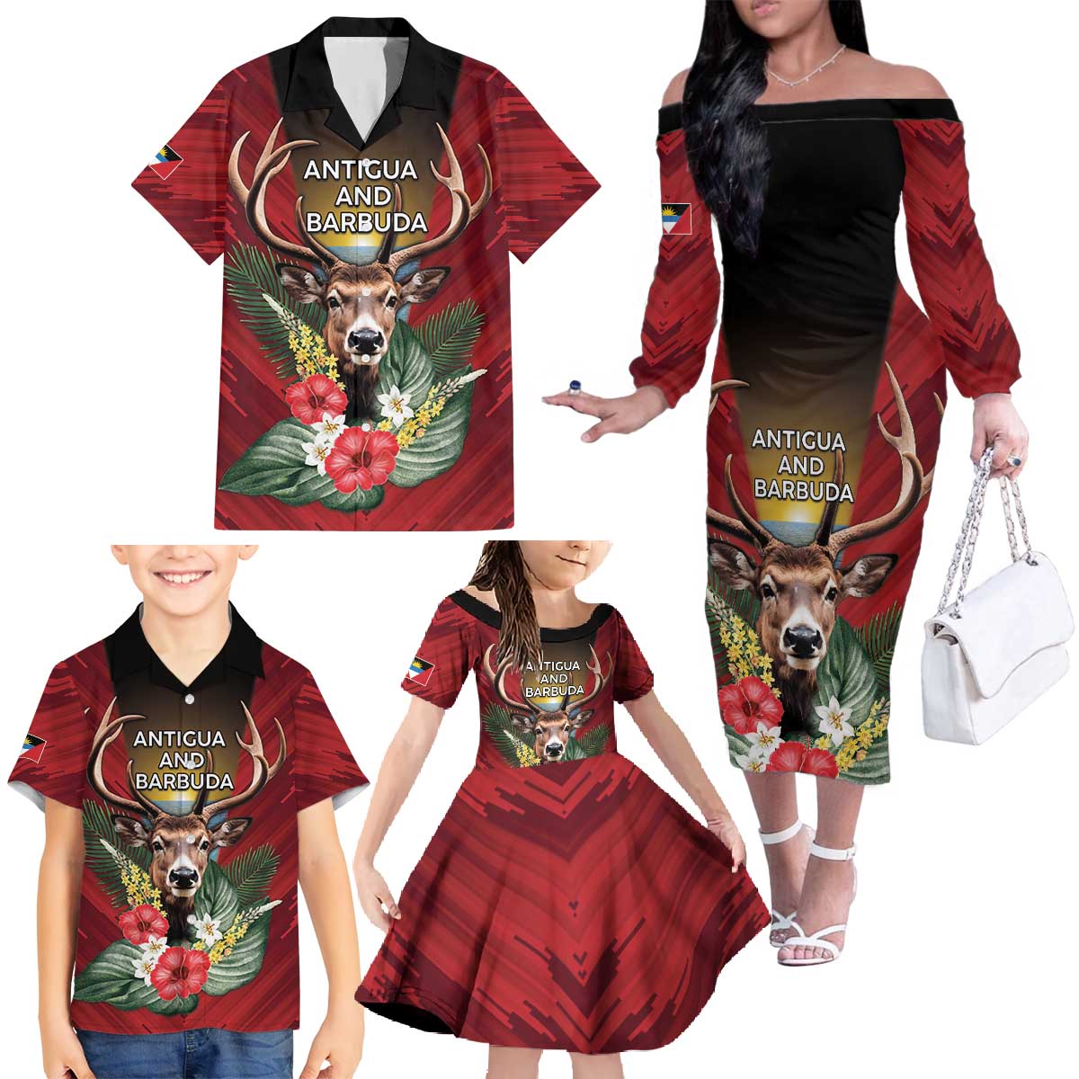 Personalized Antigua and Barbuda Family Matching Off The Shoulder Long Sleeve Dress and Hawaiian Shirt Tropical Flowers Stag Deer - Wonder Print Shop