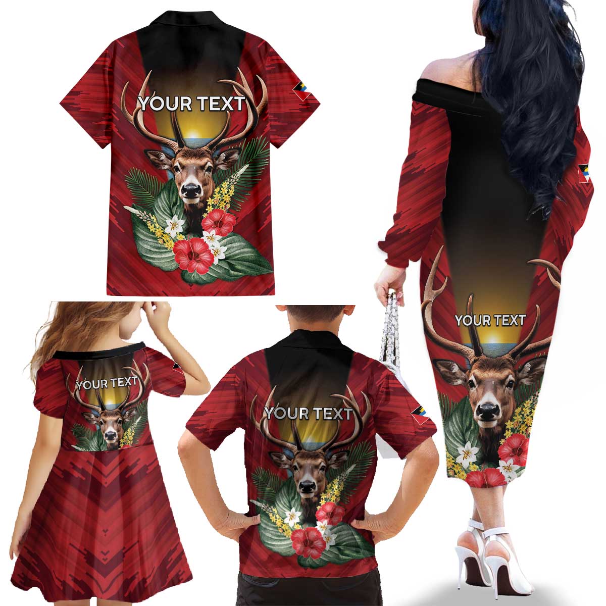 Personalized Antigua and Barbuda Family Matching Off The Shoulder Long Sleeve Dress and Hawaiian Shirt Tropical Flowers Stag Deer - Wonder Print Shop