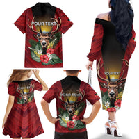 Personalized Antigua and Barbuda Family Matching Off The Shoulder Long Sleeve Dress and Hawaiian Shirt Tropical Flowers Stag Deer - Wonder Print Shop