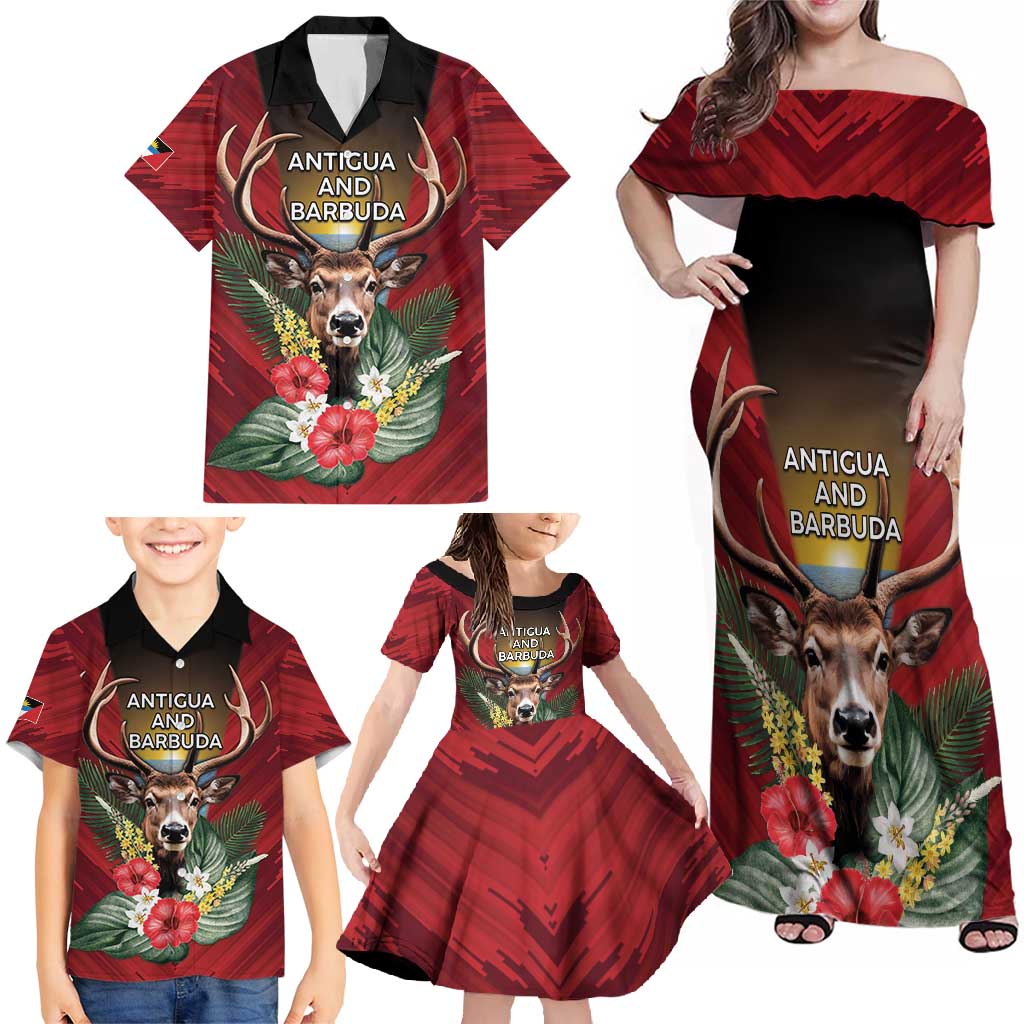 Personalized Antigua and Barbuda Family Matching Off Shoulder Maxi Dress and Hawaiian Shirt Tropical Flowers Stag Deer - Wonder Print Shop