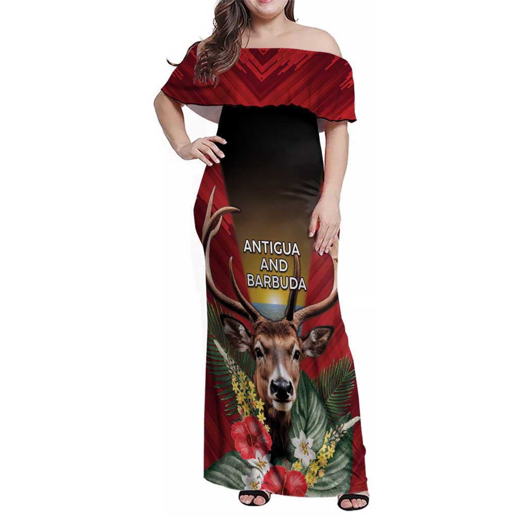 Personalized Antigua and Barbuda Family Matching Off Shoulder Maxi Dress and Hawaiian Shirt Tropical Flowers Stag Deer - Wonder Print Shop