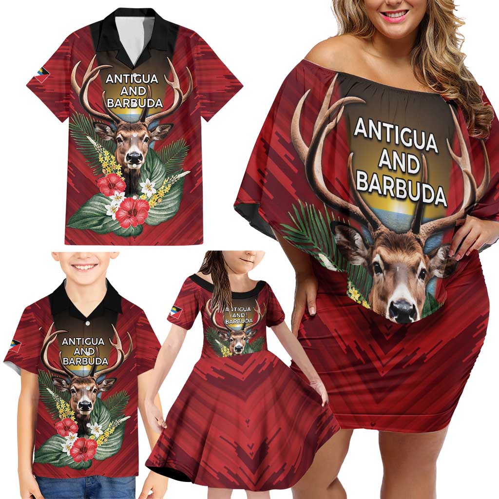 Personalized Antigua and Barbuda Family Matching Off Shoulder Short Dress and Hawaiian Shirt Tropical Flowers Stag Deer - Wonder Print Shop