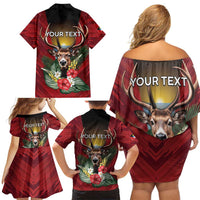Personalized Antigua and Barbuda Family Matching Off Shoulder Short Dress and Hawaiian Shirt Tropical Flowers Stag Deer - Wonder Print Shop