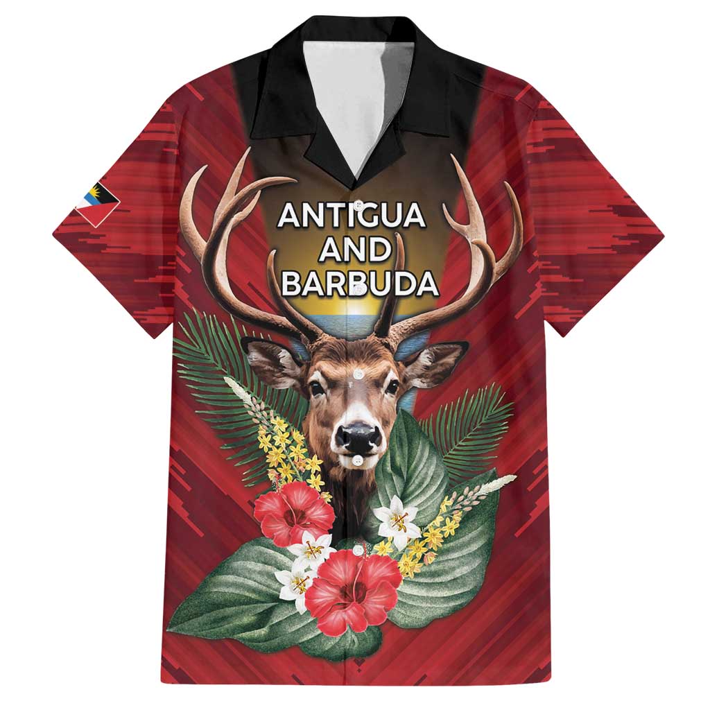 Personalized Antigua and Barbuda Family Matching Off Shoulder Short Dress and Hawaiian Shirt Tropical Flowers Stag Deer - Wonder Print Shop