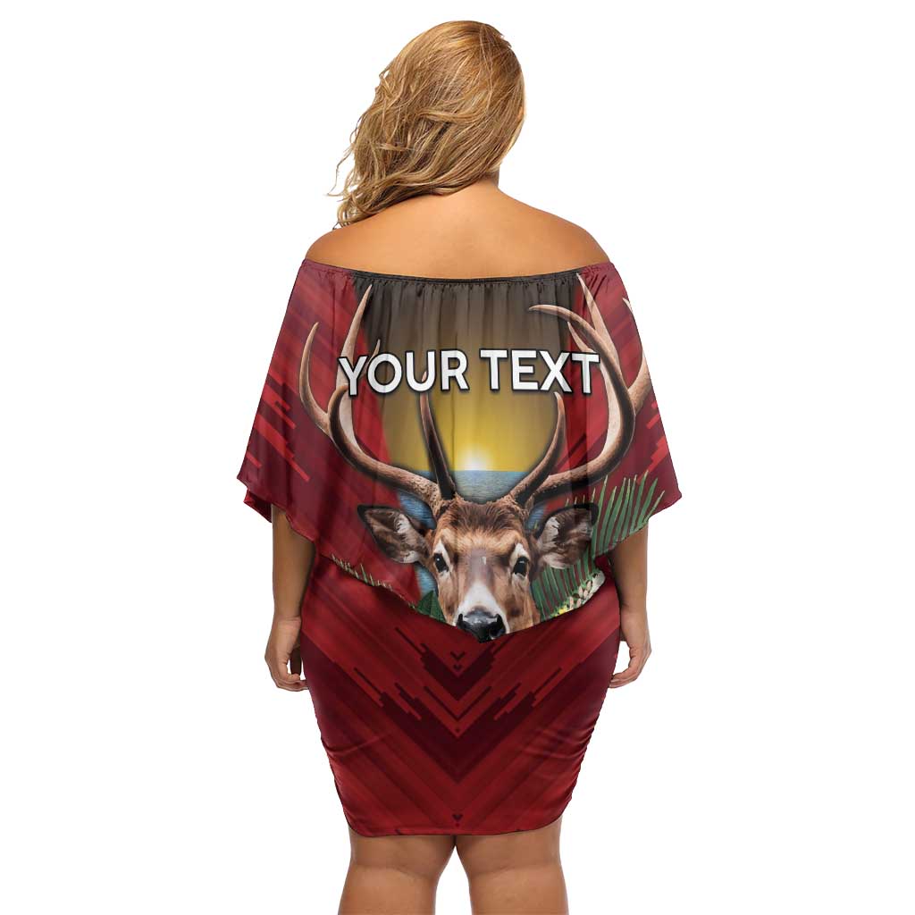 Personalized Antigua and Barbuda Family Matching Off Shoulder Short Dress and Hawaiian Shirt Tropical Flowers Stag Deer - Wonder Print Shop