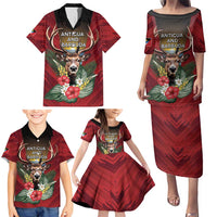 Personalized Antigua and Barbuda Family Matching Puletasi and Hawaiian Shirt Tropical Flowers Stag Deer - Wonder Print Shop