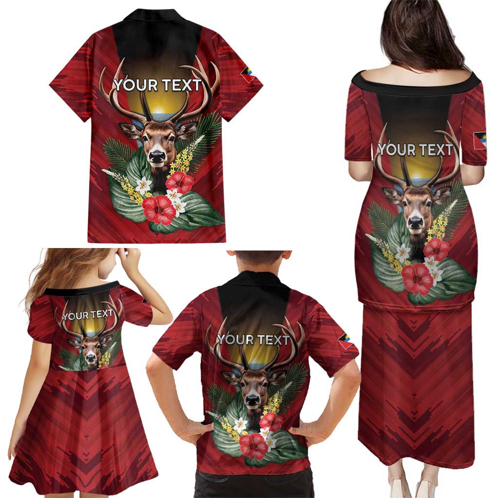 Personalized Antigua and Barbuda Family Matching Puletasi and Hawaiian Shirt Tropical Flowers Stag Deer - Wonder Print Shop