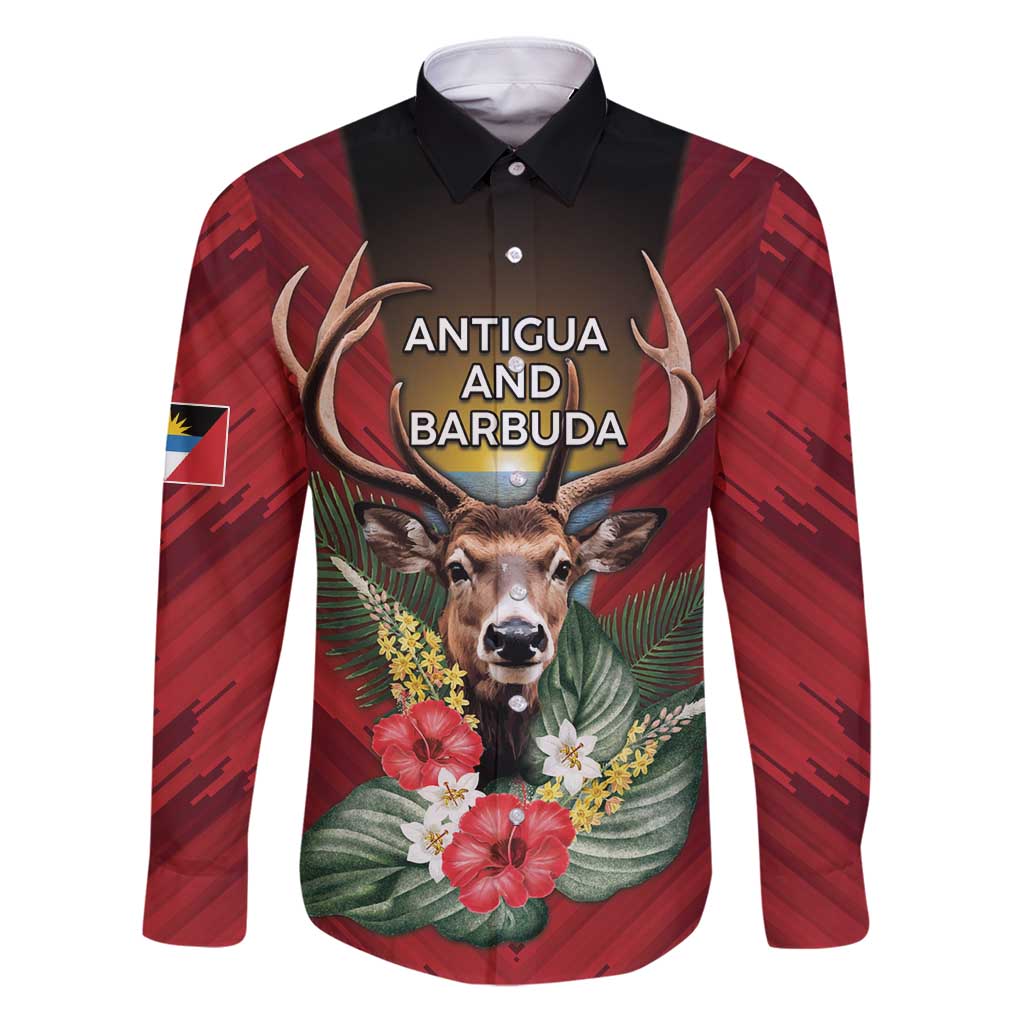 Personalized Antigua and Barbuda Family Matching Puletasi and Hawaiian Shirt Tropical Flowers Stag Deer - Wonder Print Shop