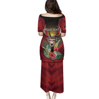 Personalized Antigua and Barbuda Family Matching Puletasi and Hawaiian Shirt Tropical Flowers Stag Deer - Wonder Print Shop