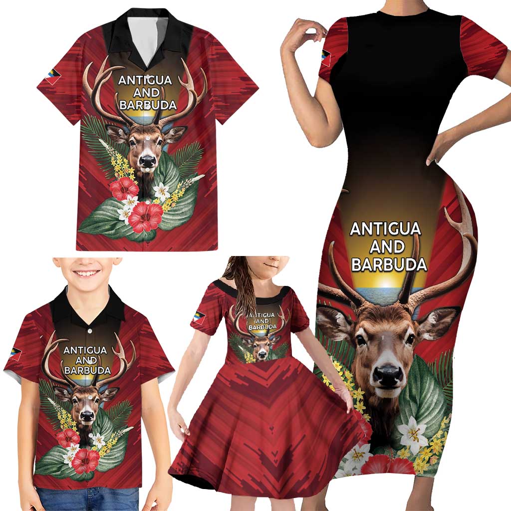 Personalized Antigua and Barbuda Family Matching Short Sleeve Bodycon Dress and Hawaiian Shirt Tropical Flowers Stag Deer - Wonder Print Shop