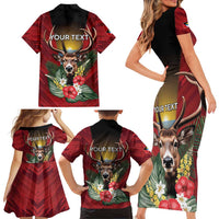Personalized Antigua and Barbuda Family Matching Short Sleeve Bodycon Dress and Hawaiian Shirt Tropical Flowers Stag Deer - Wonder Print Shop