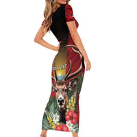 Personalized Antigua and Barbuda Family Matching Short Sleeve Bodycon Dress and Hawaiian Shirt Tropical Flowers Stag Deer - Wonder Print Shop
