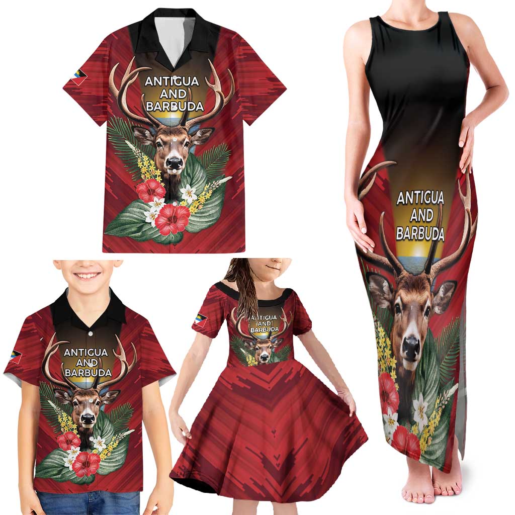 Personalized Antigua and Barbuda Family Matching Tank Maxi Dress and Hawaiian Shirt Tropical Flowers Stag Deer - Wonder Print Shop