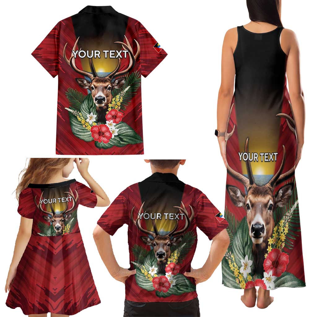 Personalized Antigua and Barbuda Family Matching Tank Maxi Dress and Hawaiian Shirt Tropical Flowers Stag Deer - Wonder Print Shop