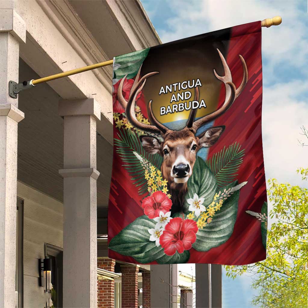Antigua and Barbuda Garden Flag Tropical Flowers Stag Deer - Wonder Print Shop