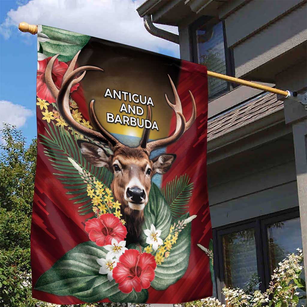 Antigua and Barbuda Garden Flag Tropical Flowers Stag Deer - Wonder Print Shop