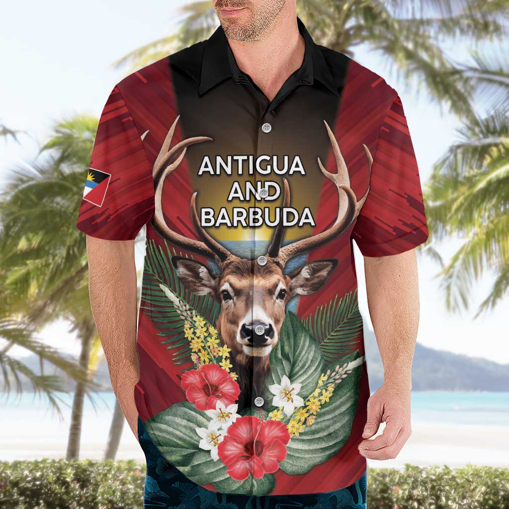 Personalized Antigua and Barbuda Hawaiian Shirt Tropical Flowers Stag Deer - Wonder Print Shop