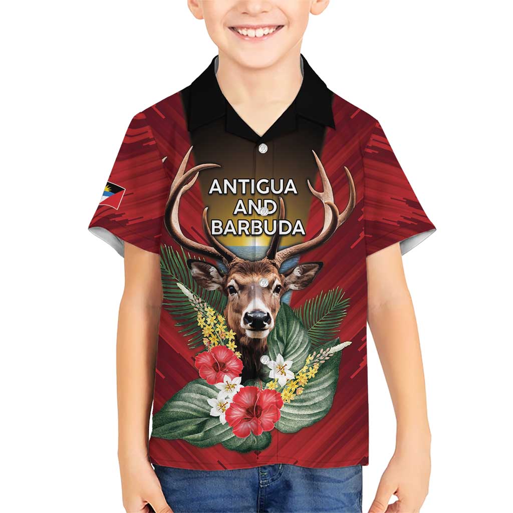 Personalized Antigua and Barbuda Kid Hawaiian Shirt Tropical Flowers Stag Deer - Wonder Print Shop
