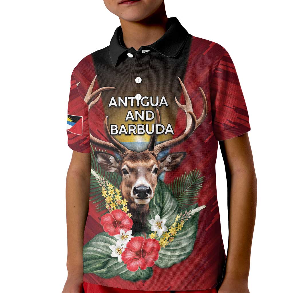 Personalized Antigua and Barbuda Kid Polo Shirt Tropical Flowers Stag Deer - Wonder Print Shop
